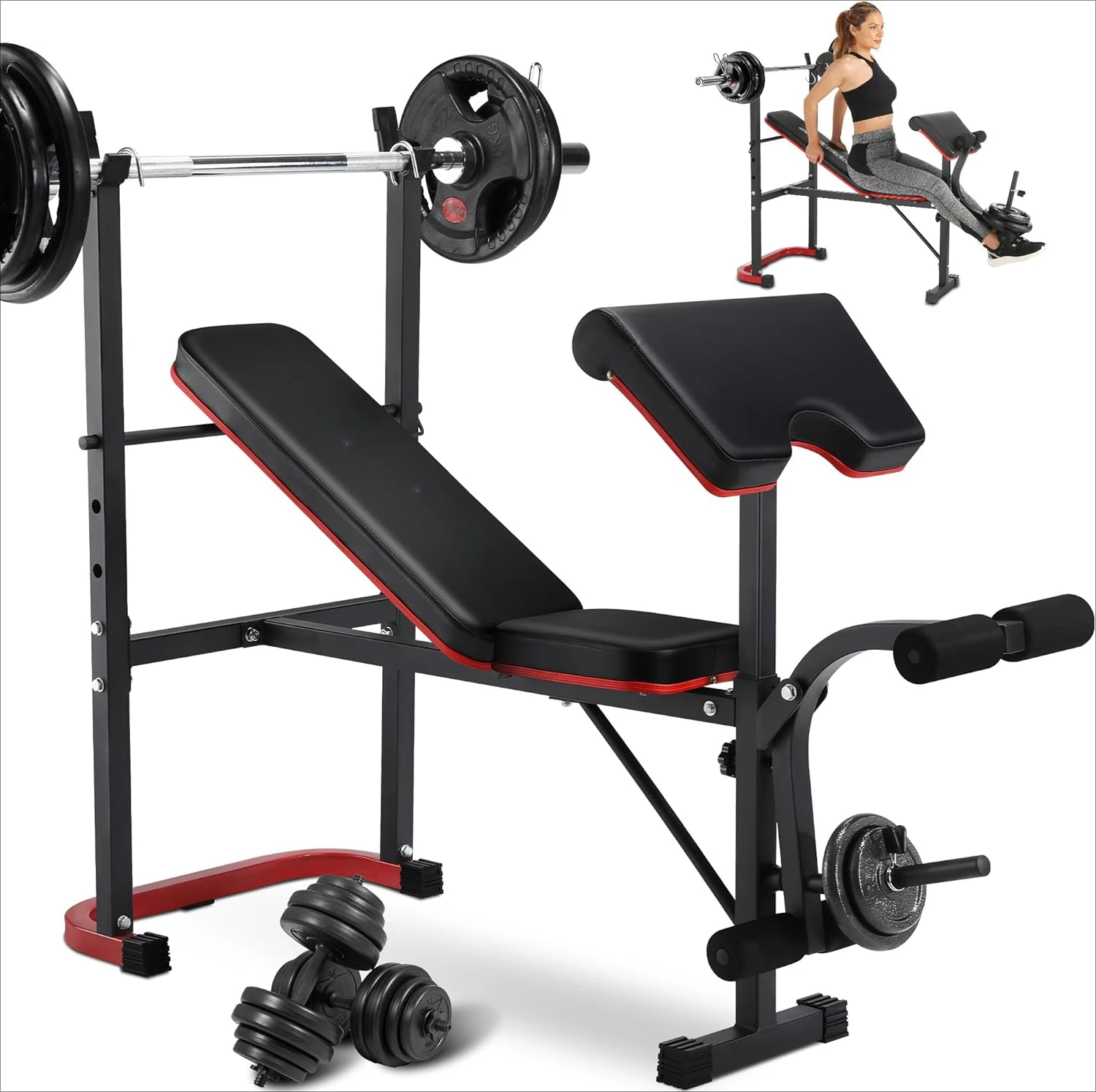 Adjustable Bench Press Squat Rack with Preacher Curl Pad, 660LBS Flat/Incline Workout Bench for