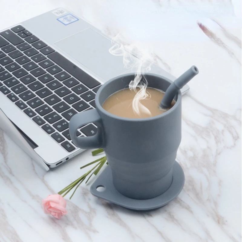 

New Silicone Cup With Lid and Straw Organic Leak Proof Drinking Cup BPA Free Kid Office Silicone Mug Tableware Accessories