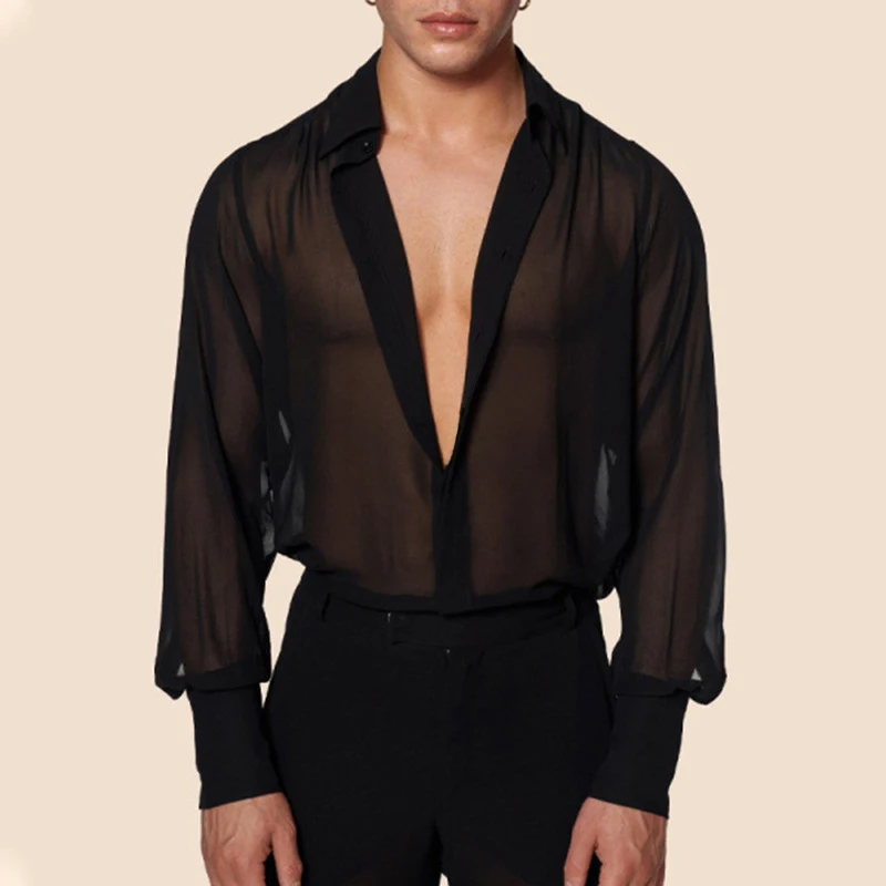 

Sexy See Through Mens Mesh Shirts Long Sleeve Button Turndown Collar Loose Mesh Tops Men Fashion Transparent Mesh Cardigan Shirt