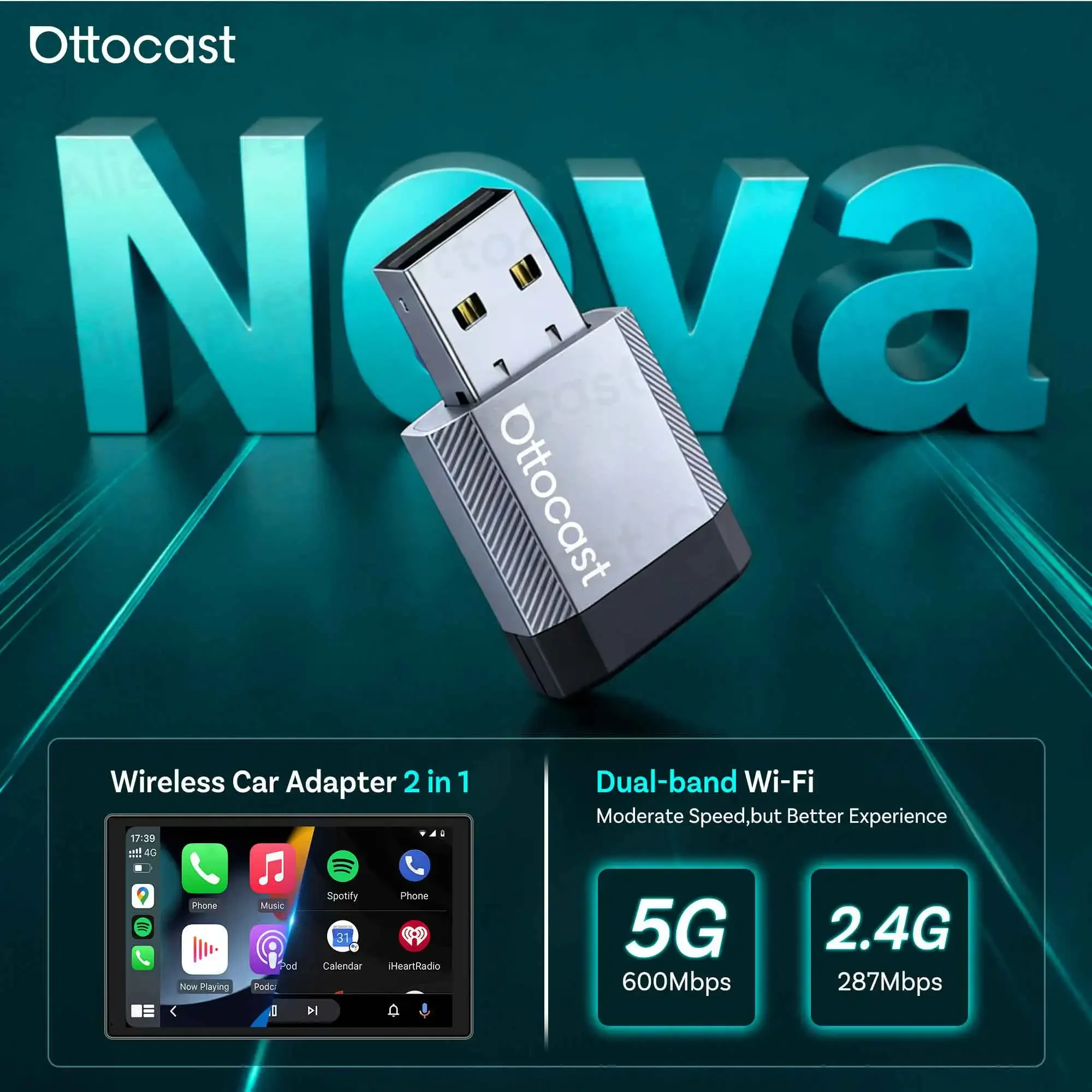 Ottocast Mini Nova Kabelloser Adapter CarPlay Android Auto Bluetooth WiFi USB Dongle Cube 3.0 für Nissan Ford Renault Mazda VW Ben