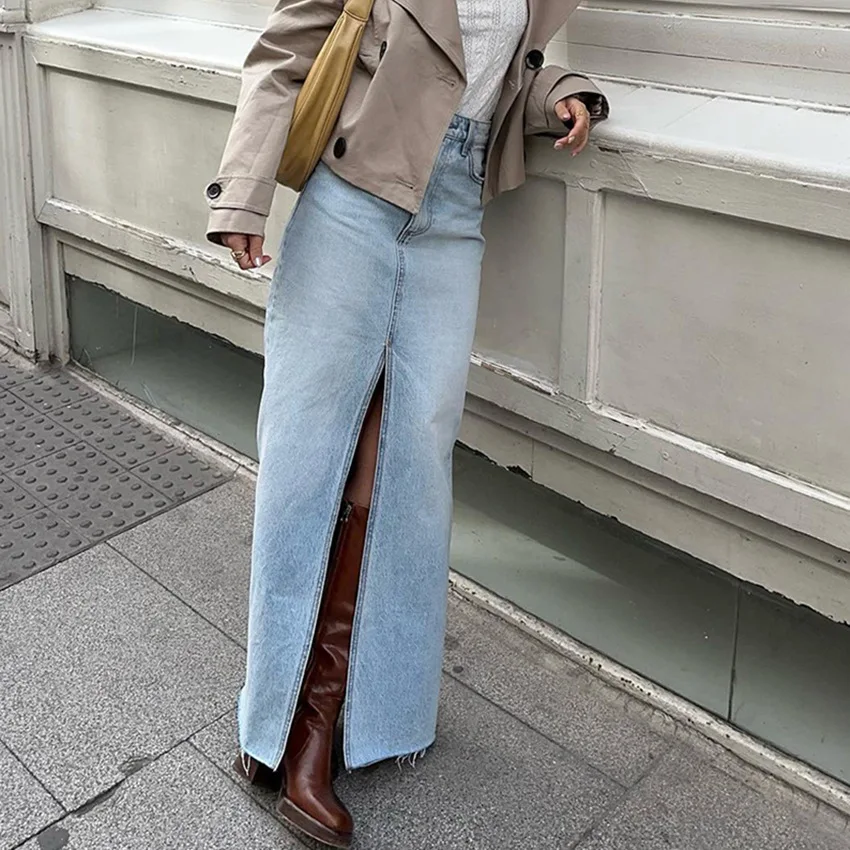 

2023 Summer Women's Vintage Washed High Waist Split Denim Skirt Versatile Casual Long Wrapped Hip Skirt