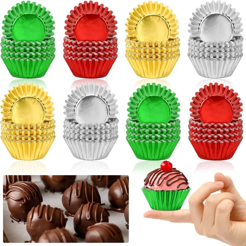 Mini Foil Cupcake Liners 400pcs Golden Red Green Silver Cupcake Cups Metallic Mini Muffin for Holiday Party Candy Chocolate