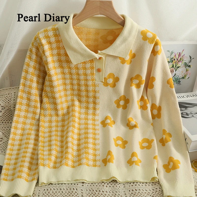 

Pearl Diary Autumn Sweet Flower Plaid Patchwork Top Women Sense Of Design Turn-Down Collar Loose Shirt Chic Long Sleeve Knitting