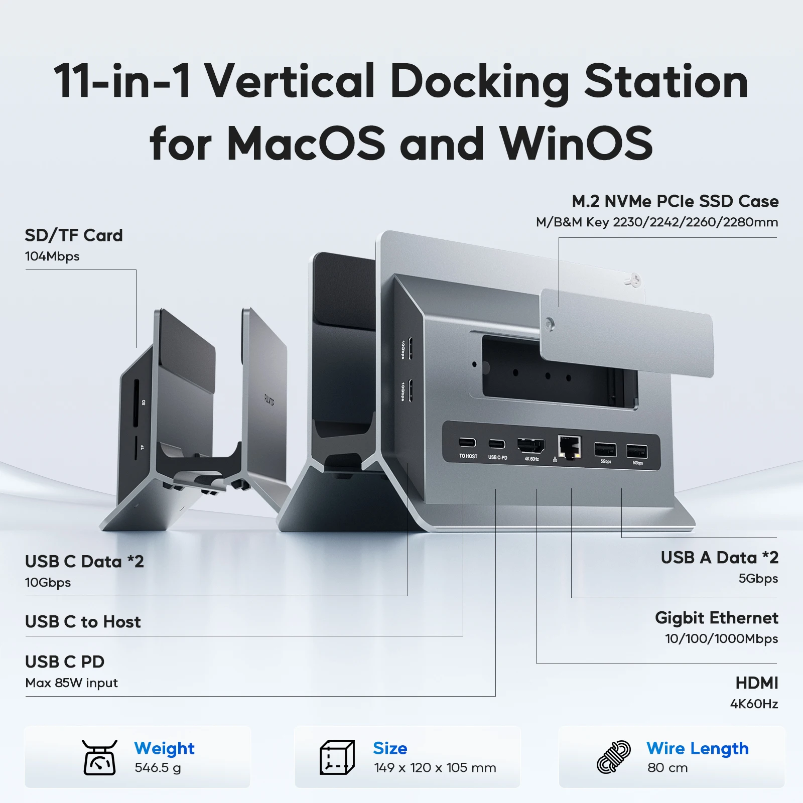 PULWTOP Vertical Laptop Docking Station with M.2 SSD Expansion, HD thumbnail 5