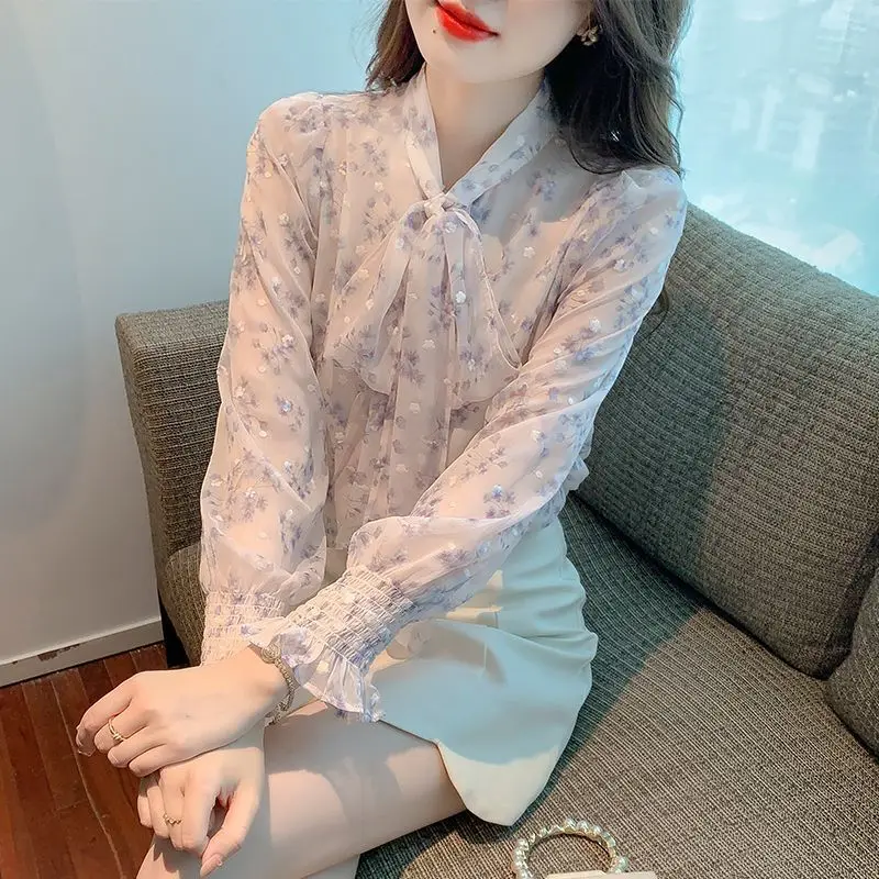 

Women's Spring Autumn Bow Lace Up Chic Sweet Button Up Shirt Korean Fashion Print Chiffon Blouse Long Sleeve Tops Blusa Feminina
