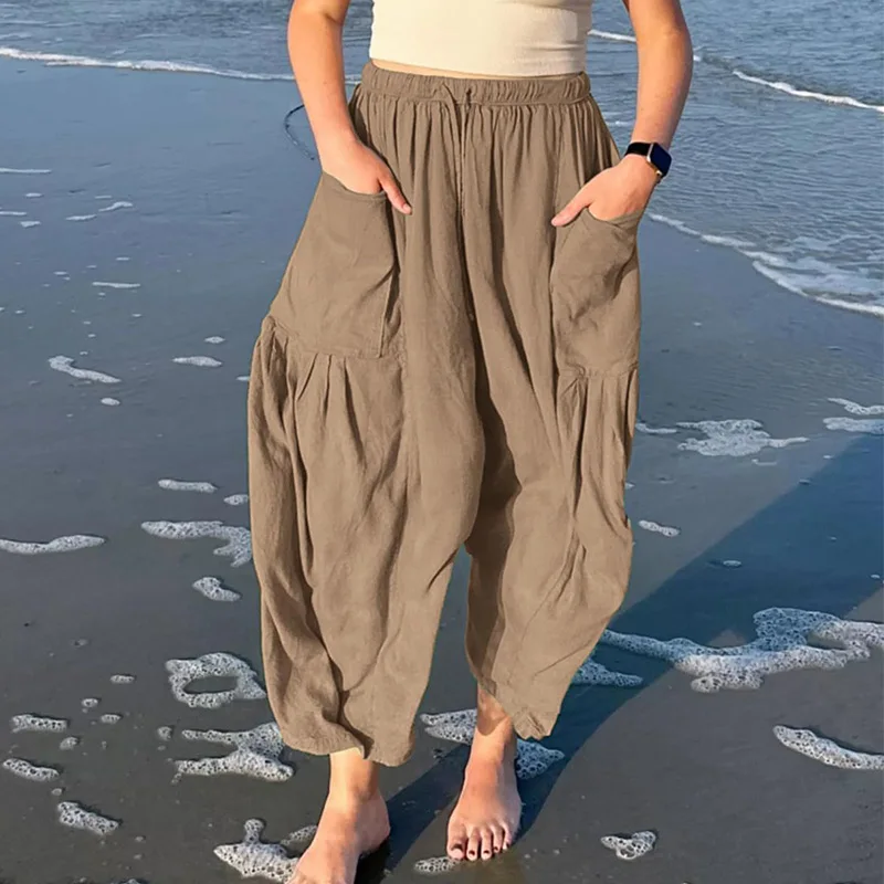 Women's Clothing Drawstring High Waist Solid Color Pants Spring Summer Casual Double Pockets Pleated Loose Cotton Linen Trousers