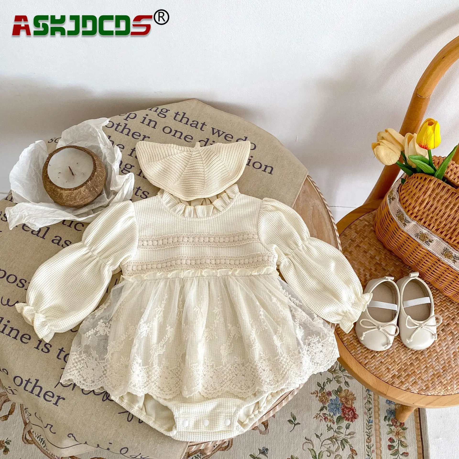 

bodysuits 0-24M 2023 autumn newborn baby girls full sleeve waffle lace patch one-piece infant dress toddler kids overalls