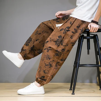 Chinese style man pants spring summer thin breathable cotton linen pants men harem pants printed casual