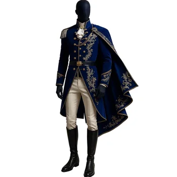 Splendido costume barocco vittoriano rococò da uomo, principe reale, re, costume da gentiluomo aristocratico, costume da cavaliere medievale con mantello