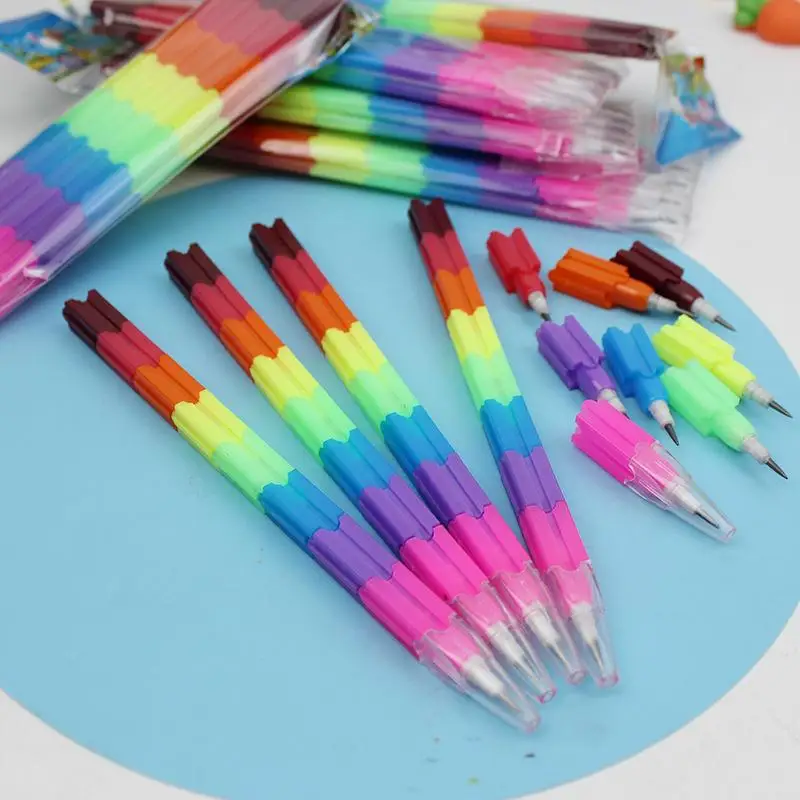 4 Pcs Creative Rainbow Free Assembly Multi-Functional Bullet Block Pencil Changeable Deformation 8 Section Pencil Stationery