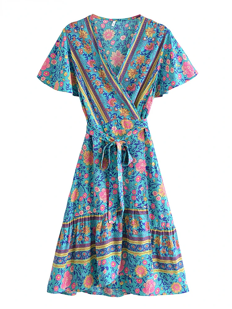 

Vintage Chic Fashion Women Hippie Floral Print V-neck Bohemian Mini Dress Ladies Short Sleeve Summer Beach Wrap Boho Dresses