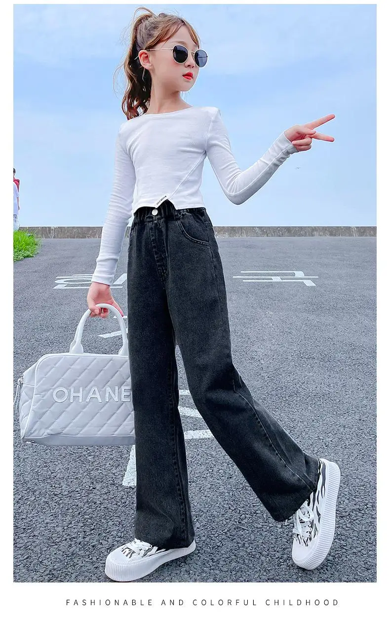 2026 نمط فضفاض غير رسمي للمراهقات جينز سميك للخريف والشتاء مستقيم واسع الساق من قماش الدنيم بنطلون جينز دافئ للأطفال