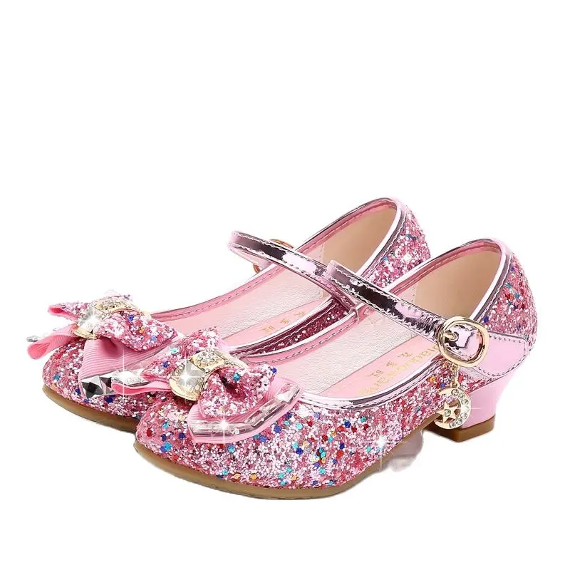 Girls High Heels Leather Shoes 2022 Spring New Sequin Shoes Bow Decoration Princess Children's Shoes Party Dance Shoes