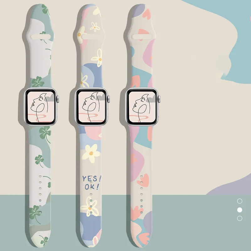 New Fashion Strap For Apple Watch Band 44mm 40mm 38mm 42 mm Printing Silicone Bracelet iWatch 7 6 SE 5 4 3 Accessories 41mm 45mm
