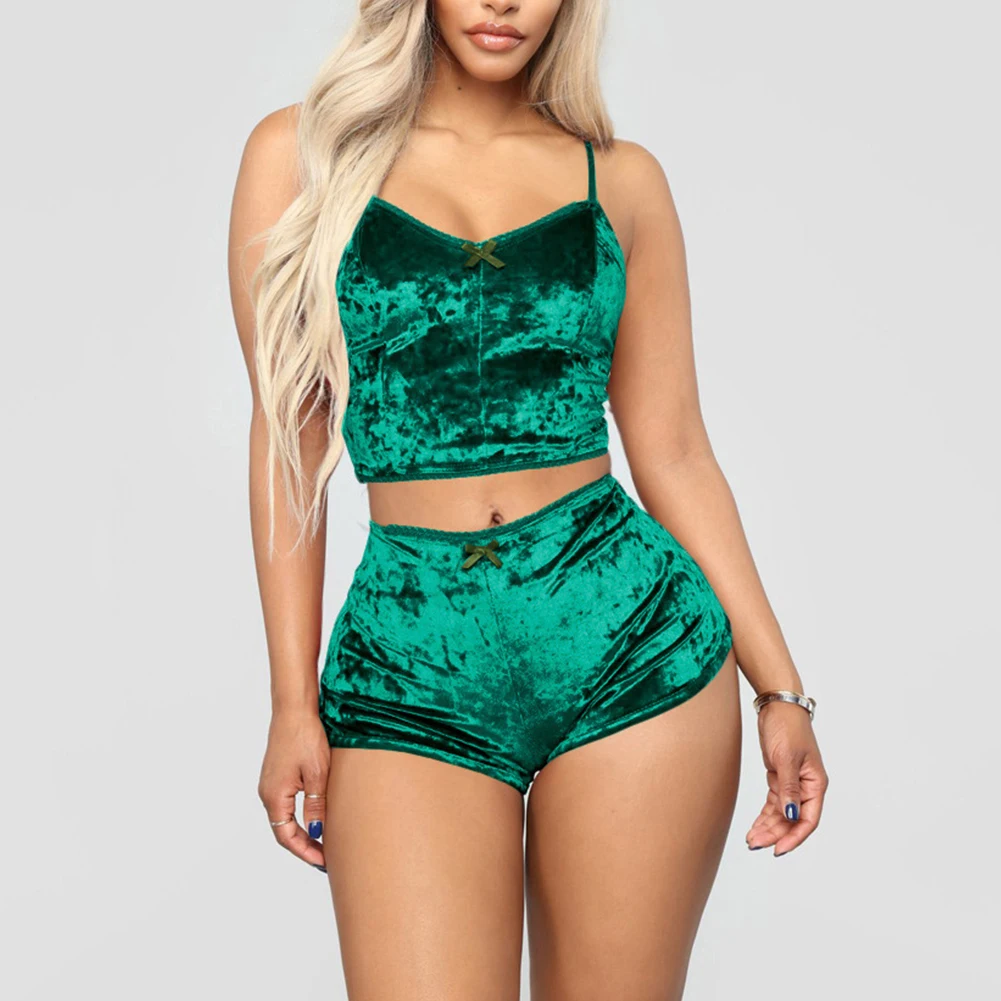Frauen Sexy Dessous Set Öl Glänzende Nachtwäsche Super Weiche Kurze Nachtwäsche Ärmel Crop Tops Solide Shorts Pyjamas Set Casual Wear – Detail 9