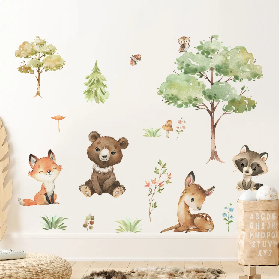 Buiory Woodland Animals Large Tree Wall Stickers - 2-Pack Forest Decals For Nursery, Kids Bedroom, Living Room (11.8" X 35.4" Each)