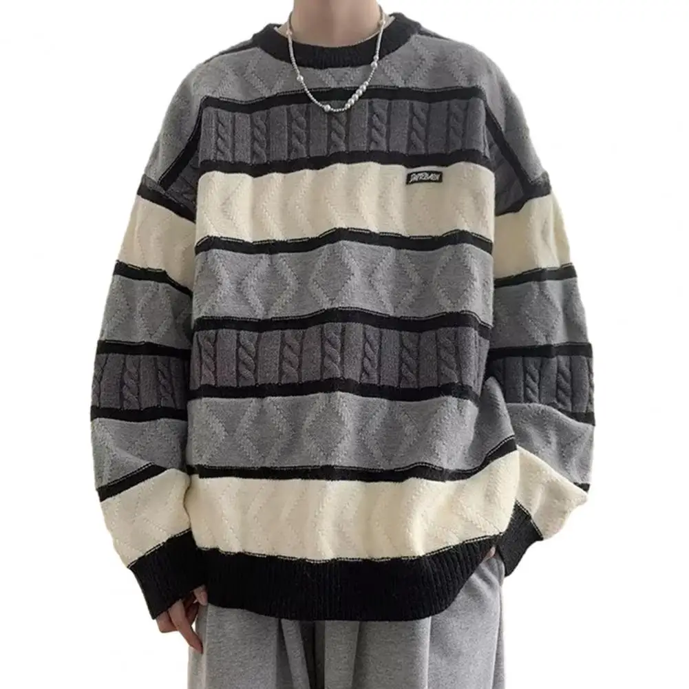

Autumn Retro Sweater Men Contrast Color Striped O-Neck Long Sleeve Loose Fit Thickened Casual Pullovers Men Tops ropa hombre