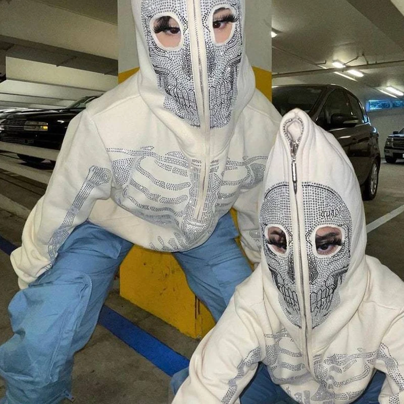 

Y2k Women's Hoodie Skull Rhinestone Zip Up Streetwear Hoodies Oversized Sweatshirt Gothic Harajuku Jackets Grunge Clothes Coats