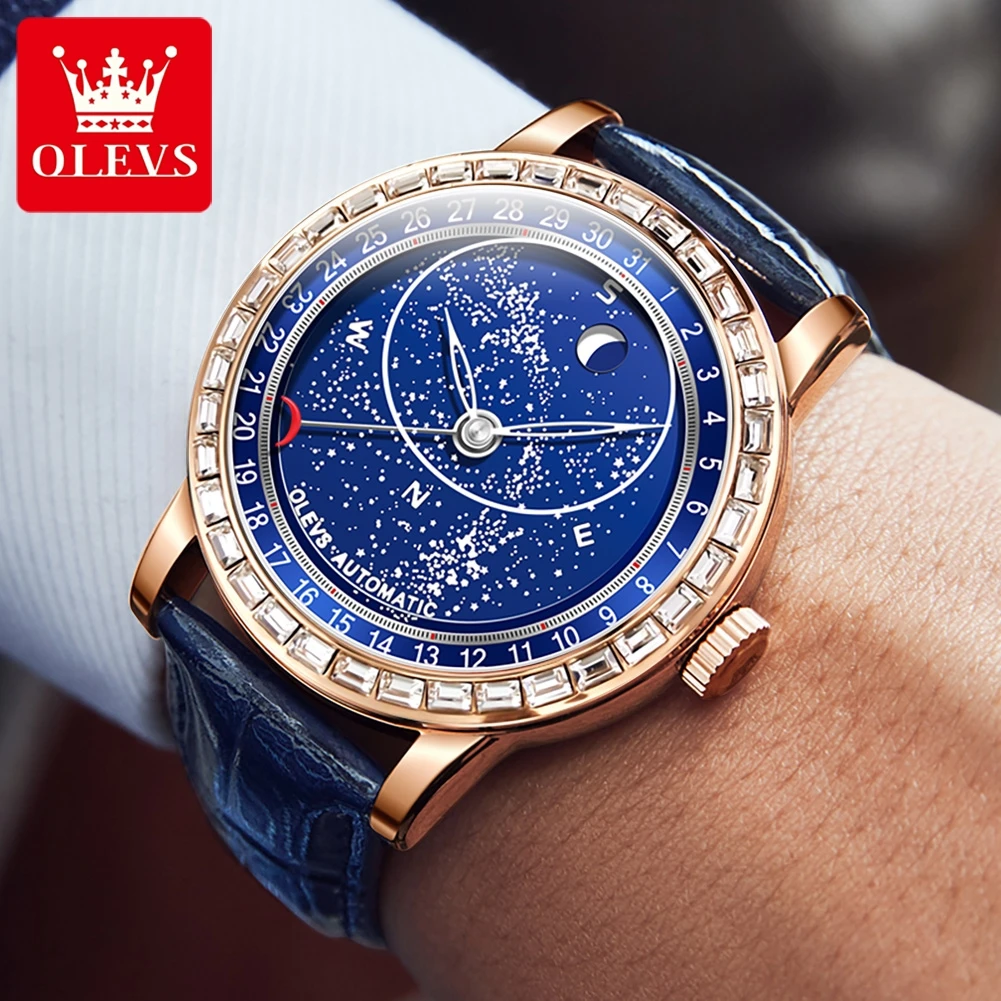 OLEVS Brand New Luxury Diamond Mechanical Watch for Men Blue Leather Strap Waterproof Luminous Fashion Starry Sky Mens Watches