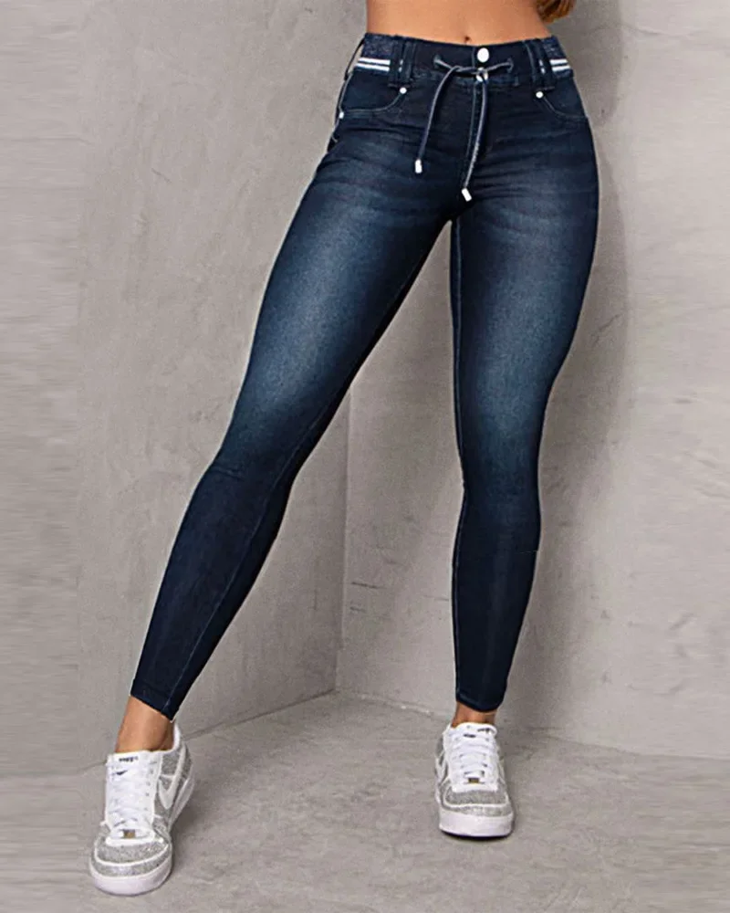 Fashion Personality Trend Multi-pocket Tie-dyed Jeans High Waist Straight Pants