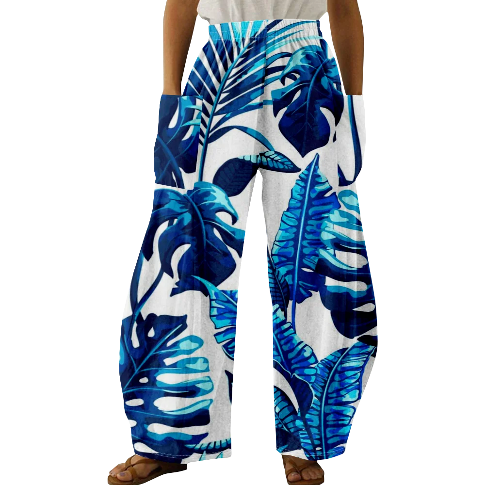 Spring Stylish Plant Print Pants Summer Oversized Girls Y2K Trousers Women Pocket Trousers Wide Leg Pants Elegant Pantalon
