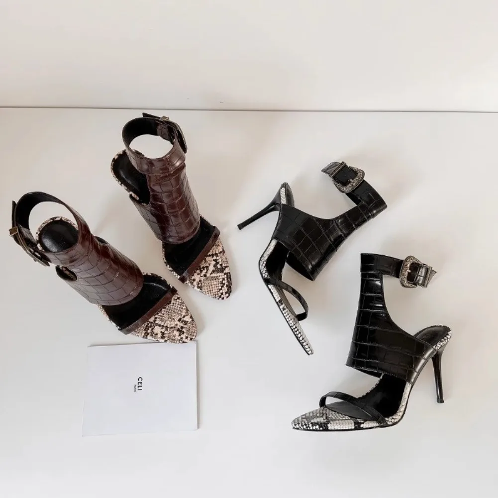 Women's High Heels Sandals Summer Pointed Toe Thick Soled with Exposed Toe Shoes Elegant Ankle Wide Buckle Slides Women Sandals