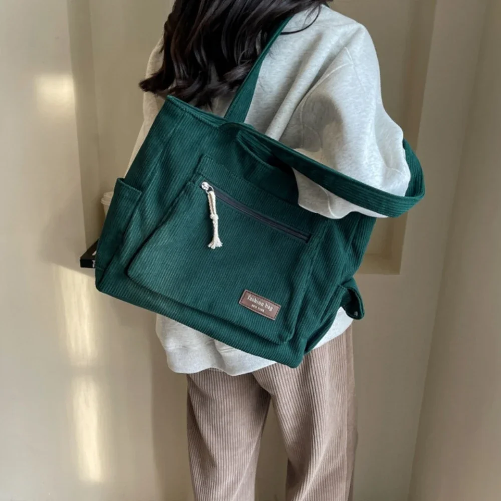 Simplicity Trend Corduroy Women’s Tote Bags Casual Multi Pockets Solid Color Shoulder Bags Handbag Large Capacity Commuter Bag