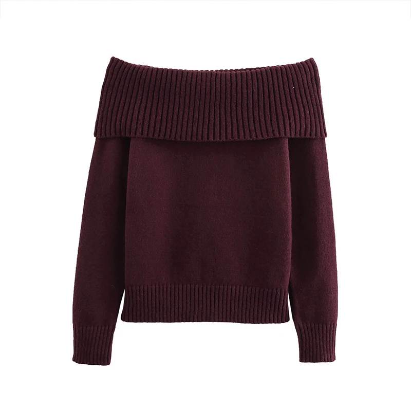 Suéter elegante burdeos con hombros descubiertos para mujer, jersey de punto de manga larga ajustado, prenda informal de punto de calle de primavera 2025
