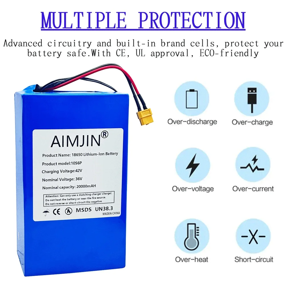 Rechargeable 18650 Lithium-ion Battery Pack 10S6P 36V 20000mAh Built in BMS Suitable For Electric Scooter