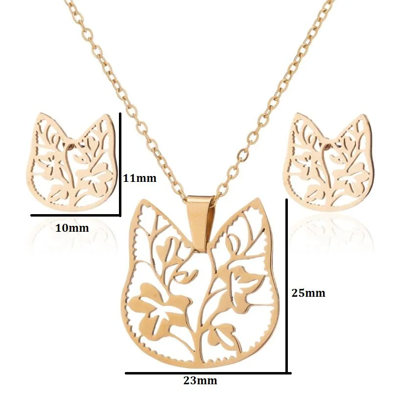 Stainless Steel Jewelry Set – Pendant Necklace & Stud Earrings With Butterfly Backs, 16.6"-201452