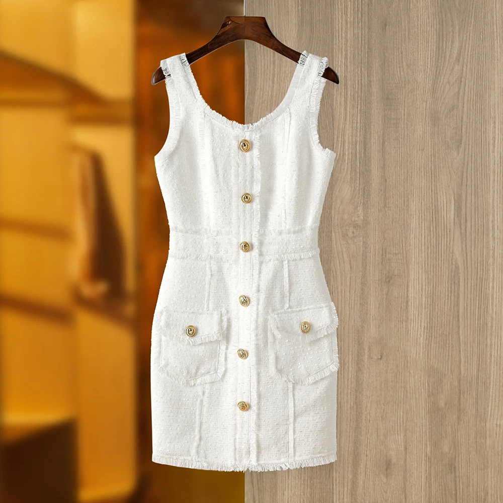 European Style Pure White Tweed Fabric Luxury Quality Straps Sleeveless Women Woven Chic Jaquard Dress