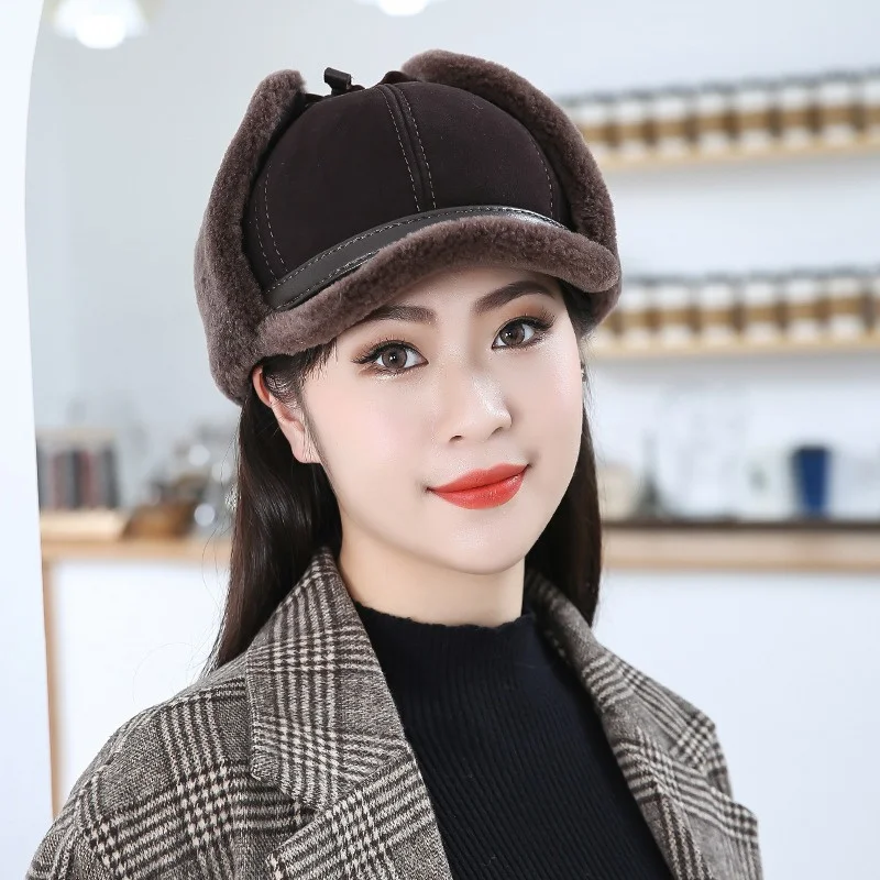 

Luxury Women's Thermal Leather Hat Winter High Quality Sheep Leather Thermal Cap Outdoor Cold Prevention Fashion Plush Cap