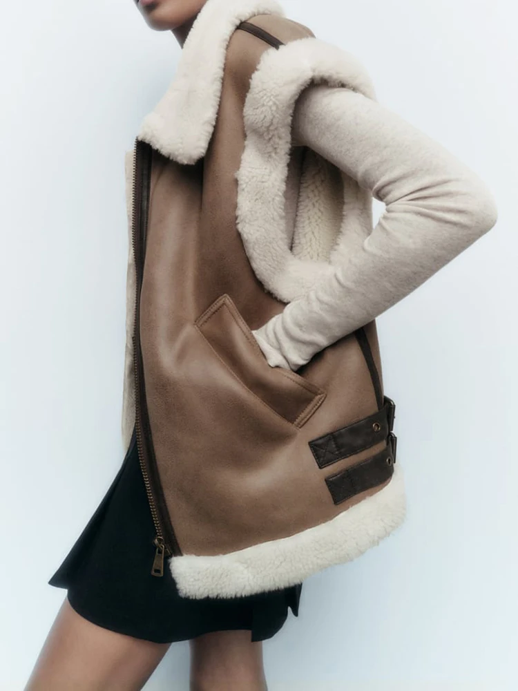 Fashion Women Cotton-padded Vest Lapel Contract Color Zipper Pocket Thick Spliced Warm Outwear Coat Winter 2023 New