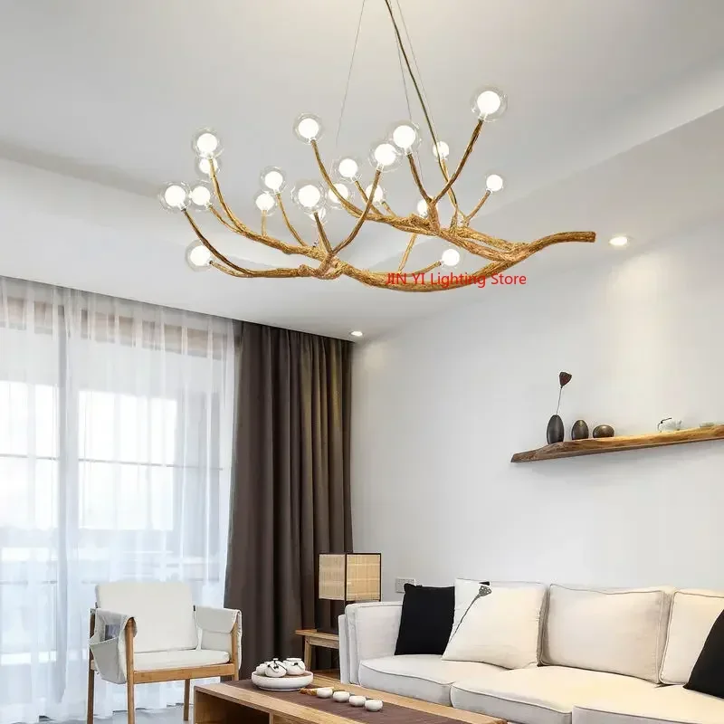 Simulation Resin Iron Tree Branch Glass Bubble Led Retro Pendant Chandelier For Living Room Decor Hanging Lighting
