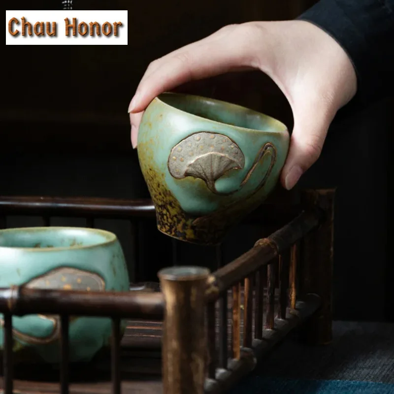 High-end Retro Lotus Embossed Ceramics Master Cup Handmade Household Travel Kungfu Teaset Tea Ceremony Accessories Birthday Gift