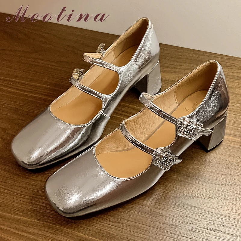 

Meotina Women Genuine Leather Mary Janes Pumps Square Toe Block High Heels Buckle Glove Shoes Ladies Fashion Shoes Spring Autumn