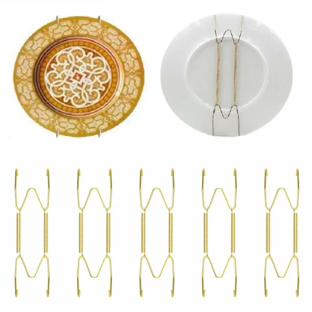 10pcs 6/8/10/12 Inch Spring Hanging Plate Hook Decorative Durable Dish Display Holder Golden Metal W-type Invisible Disc Hook