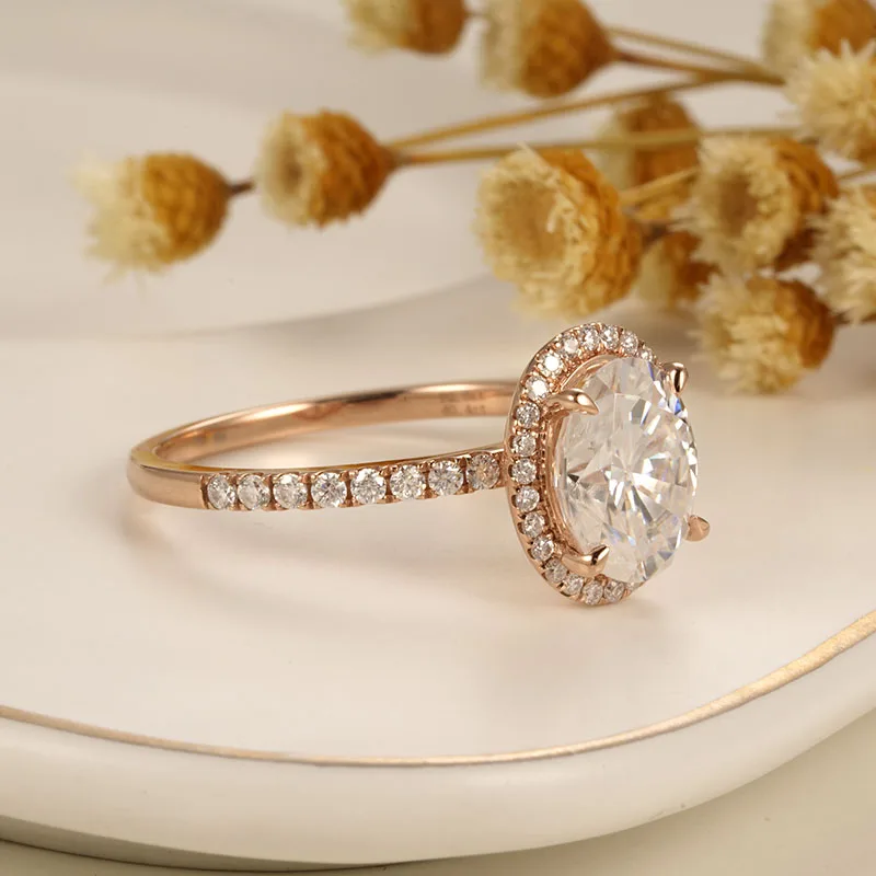CxsJeremy 14K Au585 Rose Gold 2ct 7x9mm Oval Cut DEF Color Moissanite Engagement Ring Halo Style Wedding Band Anniversary Gift - Image 2