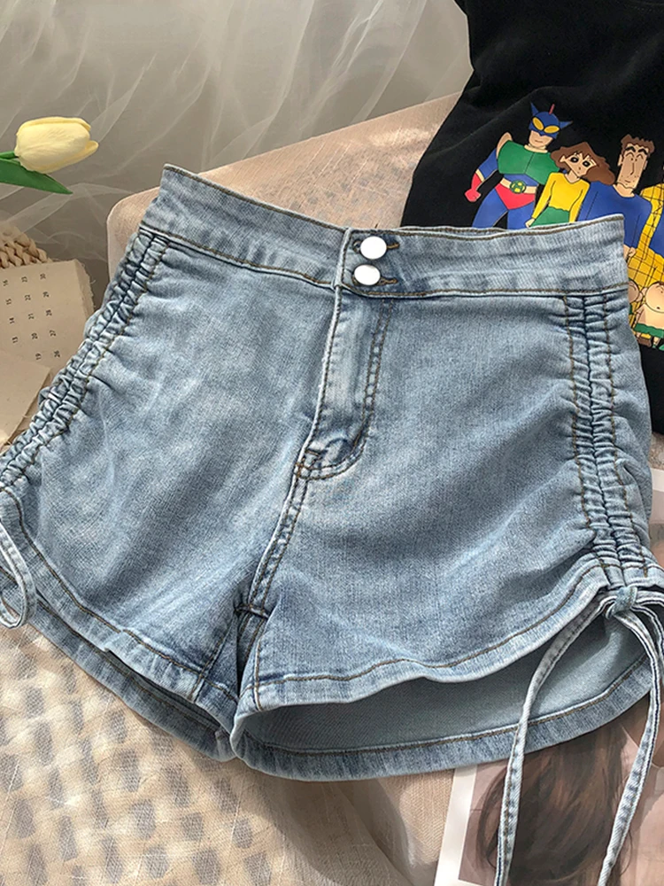 gap jeans Denim Shorts Two Button High Waist Drawstring Lace Washed Jeans Women Spring 2022 Korean Version Stretch Wide Leg  Slim Short stacked jeans Jeans