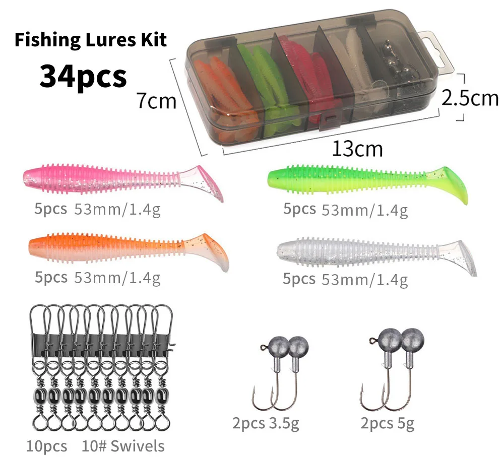 Goture Soft Lure Kit 40pcs Silicone Lure Set 5cm 0.7g Jig Hook 3.2cm 3.5g  Fishing Hooks with Fishing Tackle Box Soft Bait - AliExpress