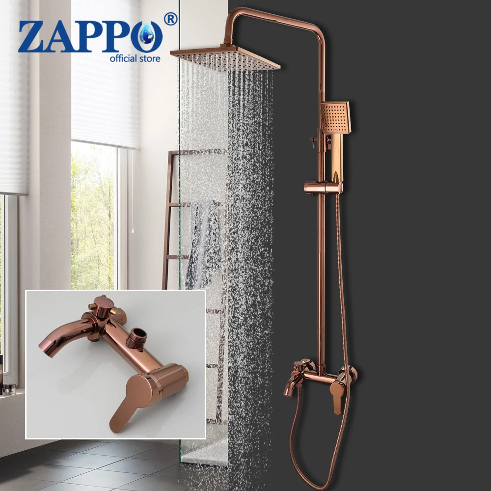ZAPPO Solid Brass Rose Golden Shower Faucet Set Pink Bathroom Bathtub Mixer Rainfall Spray Hand Square Shower Shower Facuets
