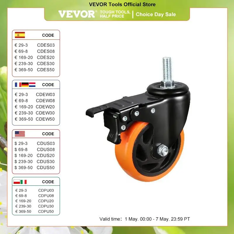 

VEVOR 2/3/4 inch Caster Wheels Set of 4 Threaded Stem Industrial Swivel Casters with Dual Locking A/B Brake for Cart Furniture