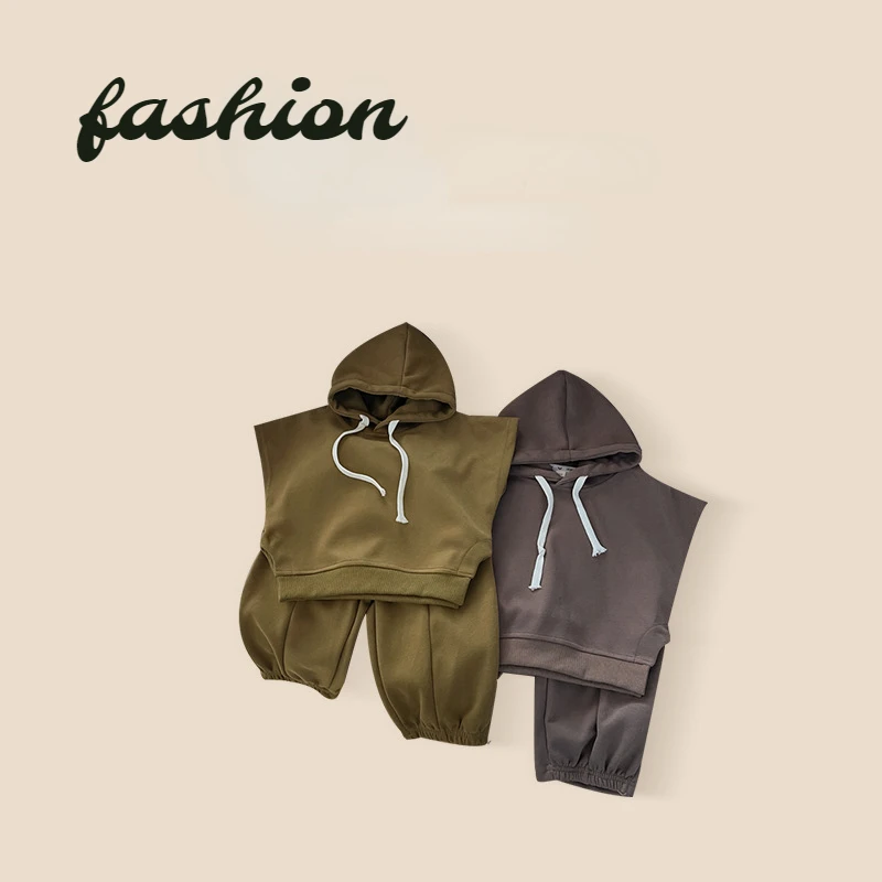 

Children's Suit Spring Boys' Clothing Solid Color Hooded Sweatshirt Two-piece Set Cool and Handsome Baby Sleeveless Top Fashion
