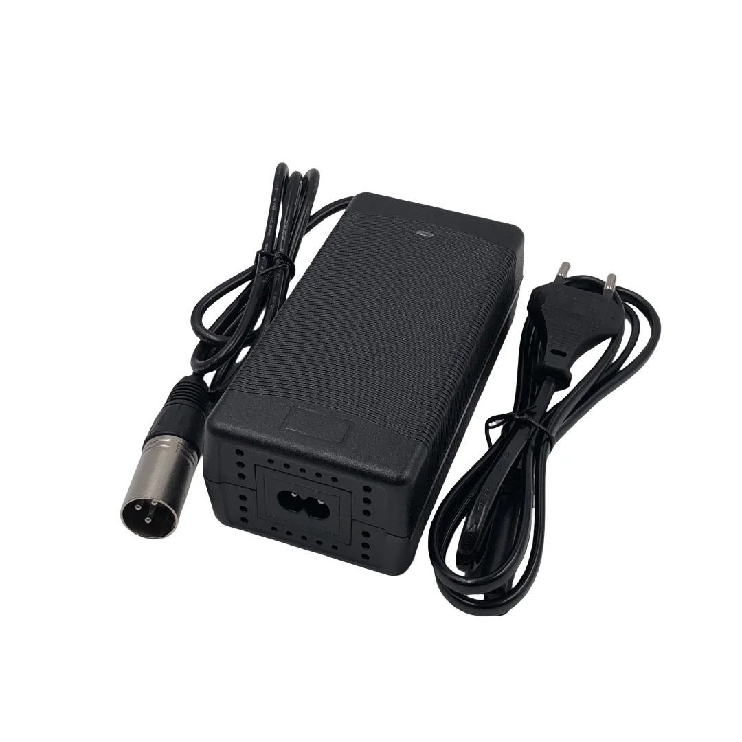 MYDA 54.6V 2A lithium battery charger showing the XLRM 3 pin male connector head configuration