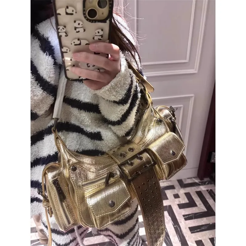 Design Punk Style Cropped Studded Underarm Bag Trendy 2025 New Single Shoulder Slant Crossbody Handbag Motorcycle Bag