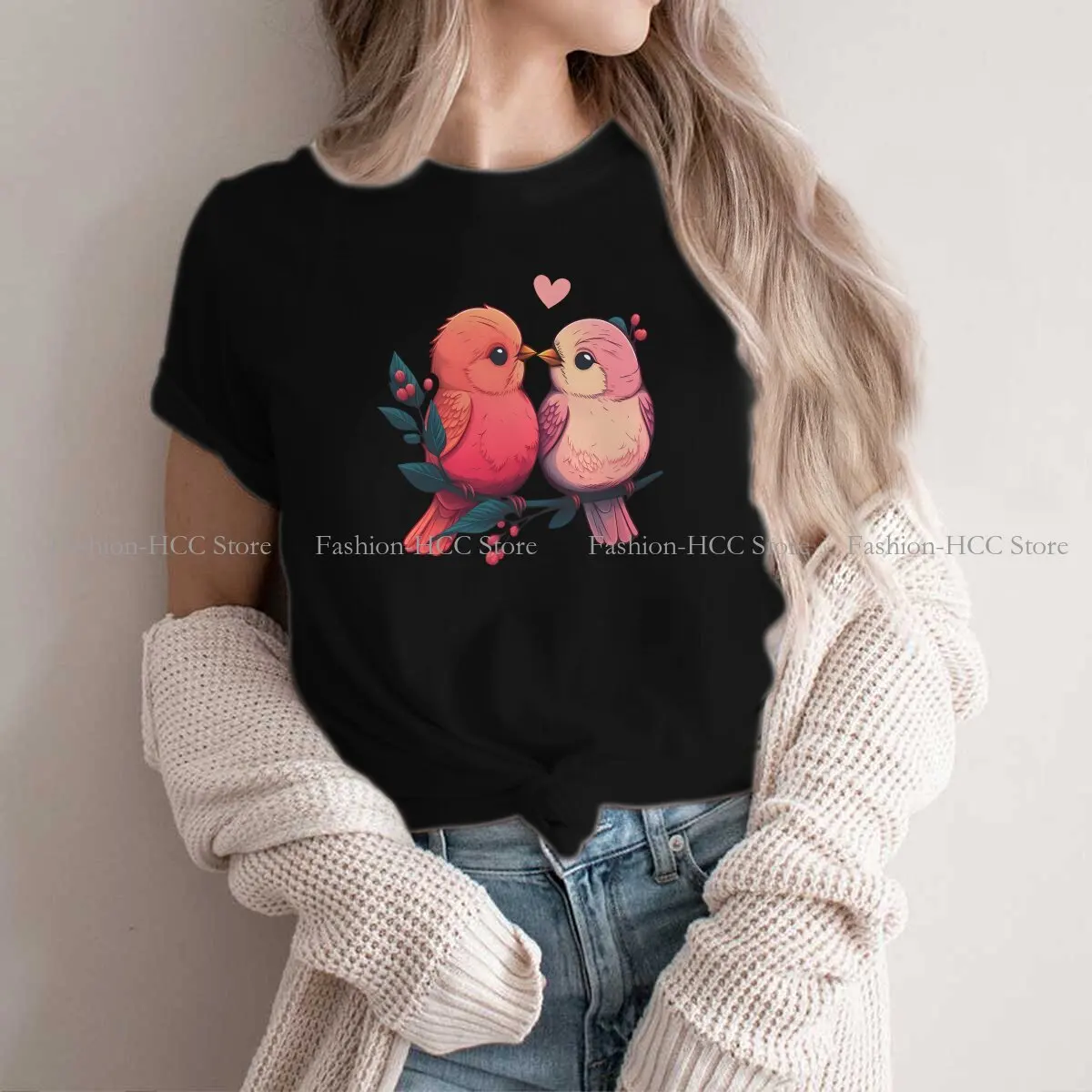 

Valentine's Day Cute Love Birds Fashion Polyester TShirts Conure Cockatiel Women Graphic Streetwear T Shirt Round Neck