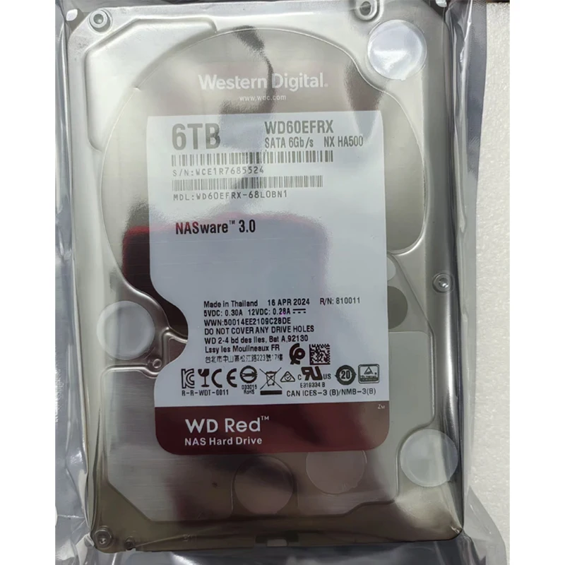 WD Enterprise Czerwony dysk 6T model (WD60EFRX) typ interfejsu SATA 6 Gb/s pojemność 6 TB pamięci podręcznej 128 MB prędkość 5900