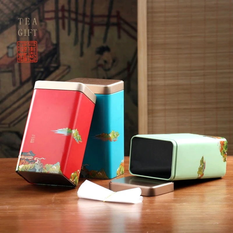 Tea Tin Square Portable Metal Tea Box Storage Sealed Pot Living Room Coffee Table Set tea tin box tea canister