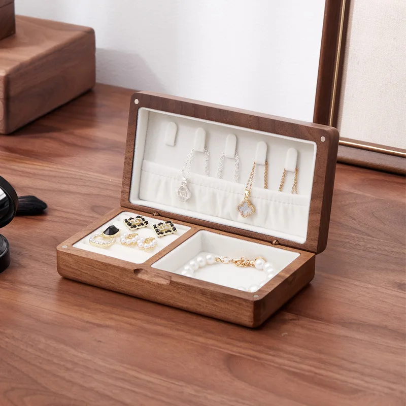 

Thin Portable Jewelry Box Black Walnut Wooden Exquisite Retro Jewelry Storage Box Necklace Earrings Ring Earrings Display Box