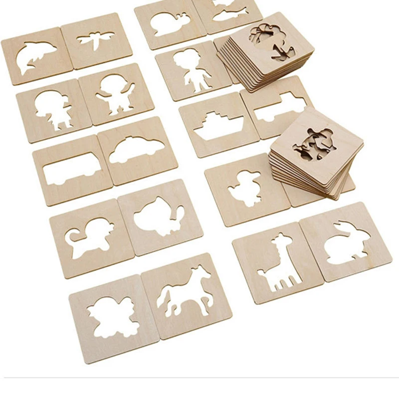 20pcs ildren's Wooden Painting Template Kindergarten Primary School Students Hollow Graffiti Drawing Tool Boys and Girls